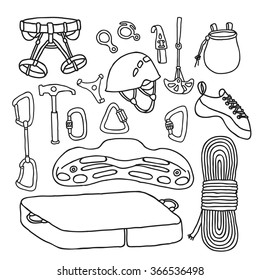 doodle icons. climbing equipment. vector illustration