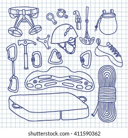 doodle icons. climbing equipment. vector illustration