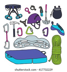 doodle icons. climbing equipment. vector illustration