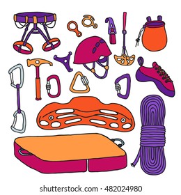 doodle icons. climbing equipment. vector illustration