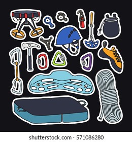 doodle icons. climbing equipment. vector illustration