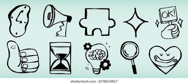 Doodle icons: clock, megaphone, puzzle, star, thumbs up, hourglass, brain, magnifying glass, heart. Simple, black and white doodles on a light background. Hand drawn vector set.