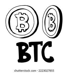 Doodle icons of coins on the isolated white background. Cryptocurrency bitcoin. Symbols of currencies in hand drawn sketch style. Vector illustration. Business, economy concept.