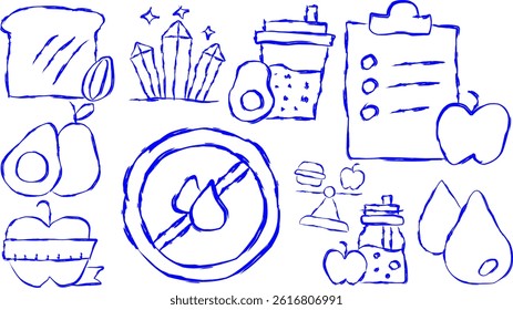 Doodle icons depicting aspects of nutrition: balanced diet, diet, fat, kcal, minerals, protein, carbohydrates, trans fats, nutrients, and diet plan.