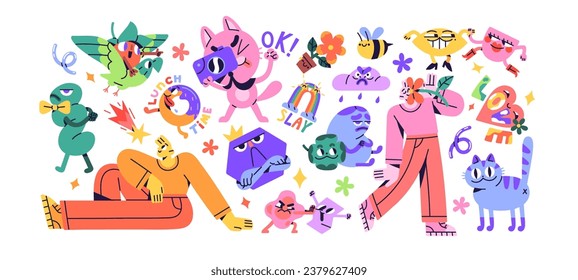 Doodle icons, design elements. Abstract animals with happy, sad emotions. Comic cat, funny characters, funky faces. Modern emoticons stickers. Flat isolated vector illustration on white background