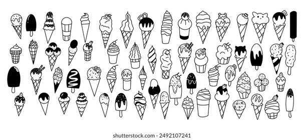 Doodle icons of different ice creams on white background. Tasty visual treat featuring variety of desserts in monochrome rendered in simple art style