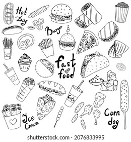 Iconos de doodle comida rápida, hamburguesa, hot dog, burrito, helado, palomitas, taco, sandwich, alitas de pollo, patatas fritas