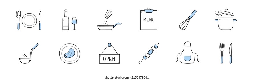 Iconos de doodle de comida, cocina, restaurante. Juego de botellas de vino, vidrio, utensilios, sartén, olla de cocina, delantal del chef, pancarta abierta, menú, carne de res en plato y shashlil