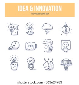 Doodle icons of generating new ideas, successful thinking, brainstorming, innovating