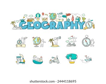 Doodle icons of geography, school science education. Sketch banner and icons of world travel with map, compass, globe and people on train, airplane and car, vector hand drawn illustration