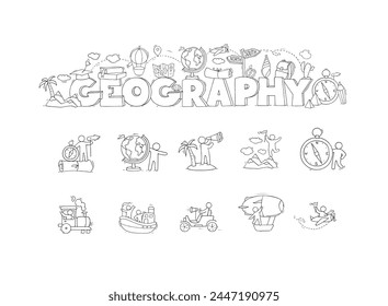 Doodle icons of geography, school science education. Sketch banner and icons of world travel with map, compass, globe and people on train, airplane and car, vector hand drawn illustration