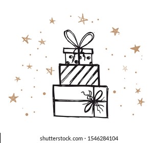 Doodle icons of gift box. Hand drawn elements.