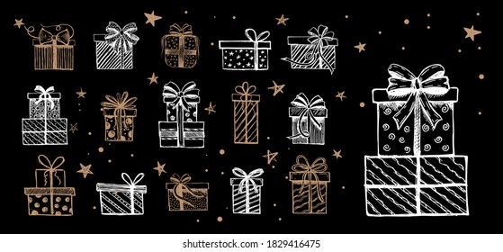 Doodle icons of gift box. Hand drawn elements.	