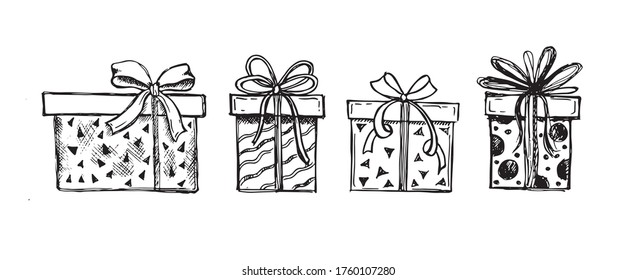 Doodle icons of gift box set. Hand drawn elements.	