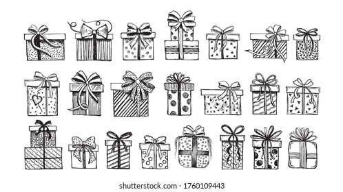 Doodle Symbole der Geschenkbox Set. Handgezeichnete Elemente.	