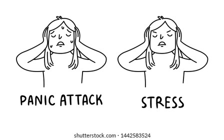 Doodle icons of girl with panic attac and stress. Stressed, overwhelmed young woman, covering her ears, screaming going crazy, isolated. Human emotions, facial expressions, reaction