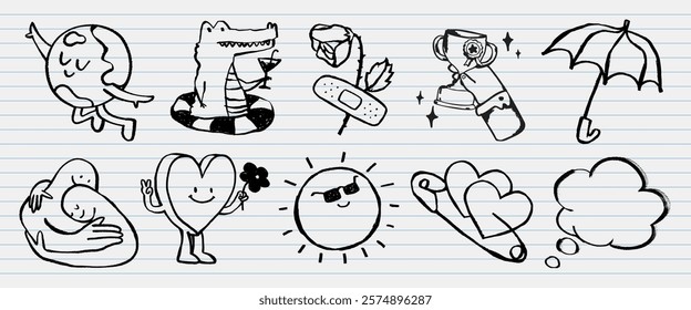 Doodle icons: globe, crocodile, shrimp, bandage, rose, umbrella, hugging figures, heart, sun, hearts, thought bubble. Playful, whimsical, sketch style. Hand drawn vector set.