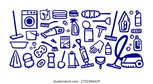 Doodle icons of housework set. Cleaning equipment and housekeeping tools for washing house. Vacuum cleaner, bottles of detergent, mop, and brushes. Outline isolated vector illustrations on white
