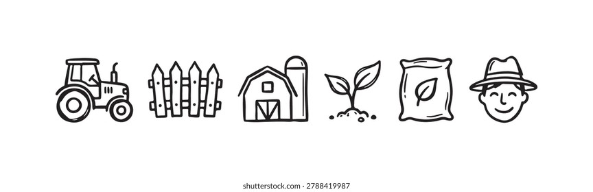 Doodle icons illustrating various aspects of farming and rural agriculture, featuring a tractor, wooden fence, barn, plant, seed bag, and a farmer's happy face.