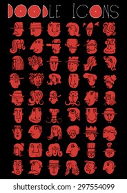 doodle icons illustration collection FACES men and women cartoon color N