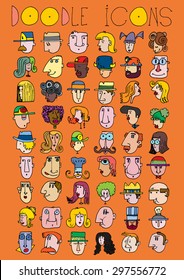 doodle icons illustration collection FACES men and women cartoon color E