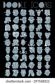 doodle icons illustration collection FACES men and women cartoon color S