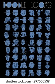 doodle icons illustration collection FACES men and women cartoon color Q
