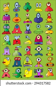 doodle icons illustration collection FUNNY MONSTERS strange big eye color E