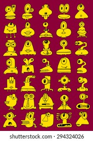 doodle icons illustration collection FUNNY MONSTERS strange big eye color K