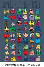 doodle icons illustration collection FUNNY monsters strange cartoon color B