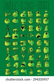 doodle icons illustration collection FUNNY monsters strange cartoon color W