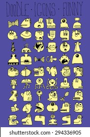 doodle icons illustration collection FUNNY monsters strange cartoon color S