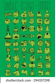 doodle icons illustration collection FUNNY monsters strange cartoon color R