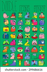 doodle icons illustration collection FUNNY MONSTERS aliens strange color F