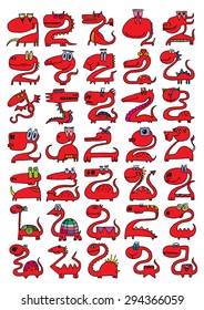 doodle icons illustration collection MONSTERS DRAGONS strange color L