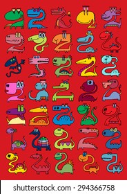 doodle icons illustration collection MONSTERS DRAGONS strange color H