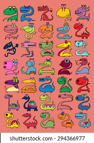doodle icons illustration collection MONSTERS DRAGONS strange color F
