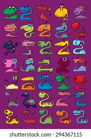 doodle icons illustration collection MONSTERS DRAGONS strange color E