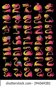 doodle icons illustration collection MONSTERS DRAGONS strange color W