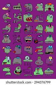 doodle icons illustration collection MONSTERS FUNNY aliens strange color I
