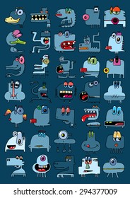 doodle icons illustration collection MONSTERS FUNNY aliens strange color F