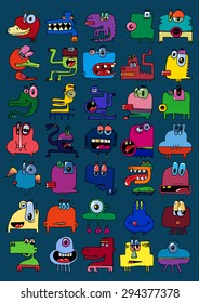 doodle icons illustration collection MONSTERS FUNNY aliens strange color C