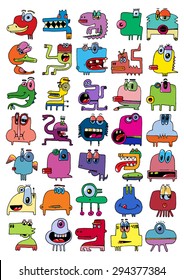 doodle icons illustration collection MONSTERS FUNNY aliens strange color B