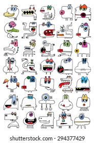 doodle icons illustration collection MONSTERS FUNNY aliens strange color A