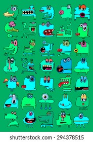 doodle icons illustration collection MONSTERS FUNNY aliens strange color R