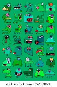 doodle icons illustration collection MONSTERS FUNNY aliens strange color Q