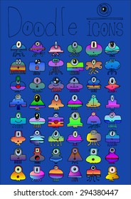 doodle icons illustration collection ONE EYED MONSTERS aliens jellyfish color F