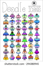 doodle icons illustration collection ONE EYED MONSTERS aliens jellyfish color B