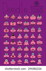 doodle icons illustration collection ONE EYED MONSTERS aliens jellyfish color T