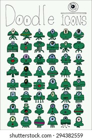 doodle icons illustration collection ONE EYED MONSTERS aliens jellyfish color Q